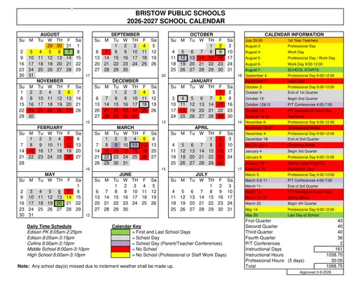 Bristow Public Schools 2026–2027 Academic Calendar Page 1