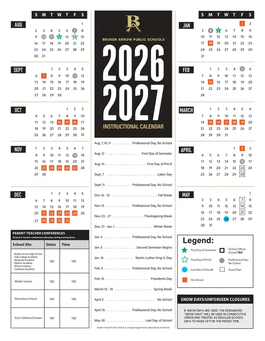 Broken Arrow Public Schools 2026–2027 Academic Calendar