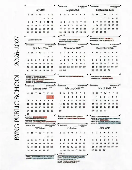 Byng Public School 2026–2027 Academic Calendar Page 1