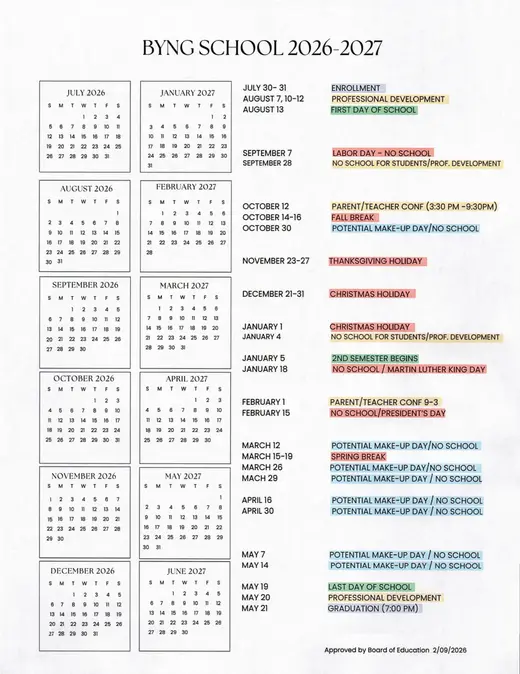 Byng Public School 2026–2027 Academic Calendar Page 2