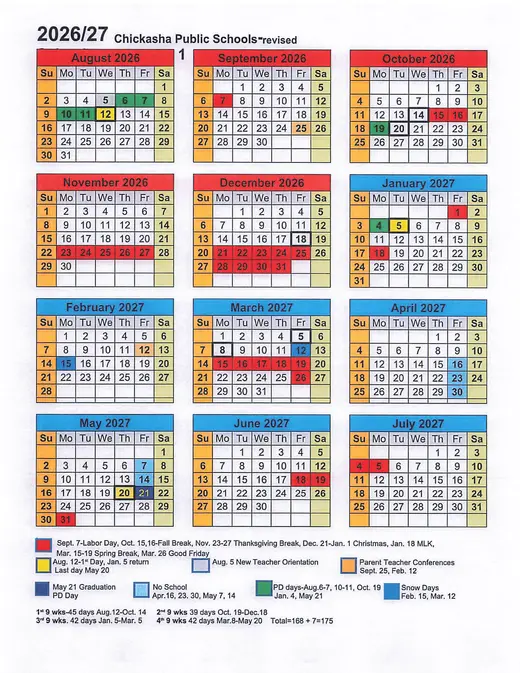 Chickasha Public Schools 2026–2027 Academic Calendar