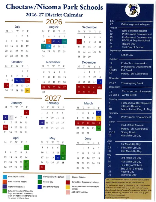 Choctaw-Nicoma Park Schools 2026–2027 Academic Calendar
