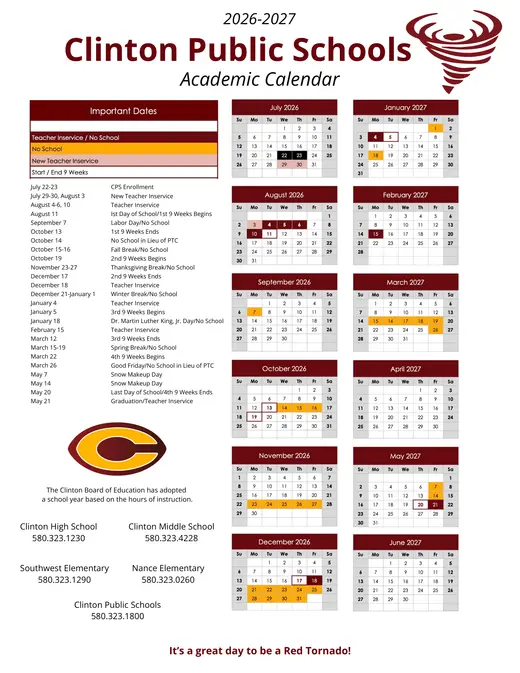 Clinton Public Schools 2026–2027 Academic Calendar