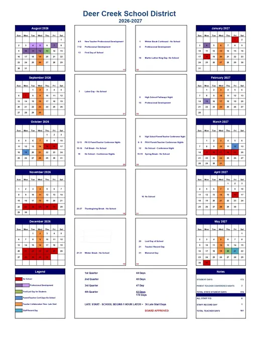 Deer Creek School District 2026–2027 Academic Calendar