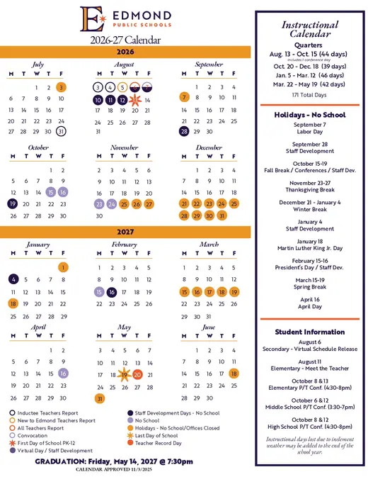 Edmond Public Schools 2026–2027 Academic Calendar Page 1