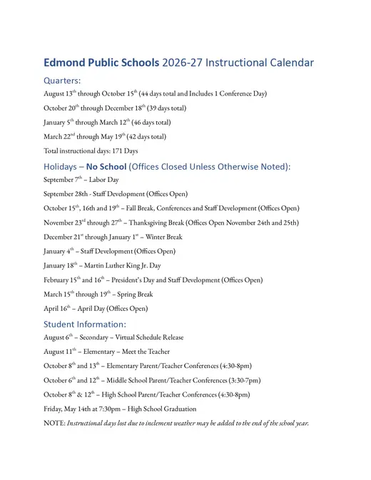 Edmond Public Schools 2026–2027 Academic Calendar Page 2