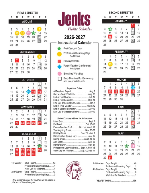 Jenks Public Schools 2026–2027 Academic Calendar