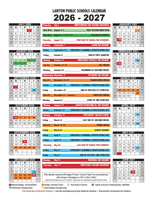Lawton Public Schools 2026–2027 Academic Calendar