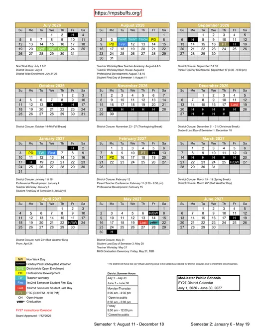 McAlester Public Schools 2026–2027 Academic Calendar