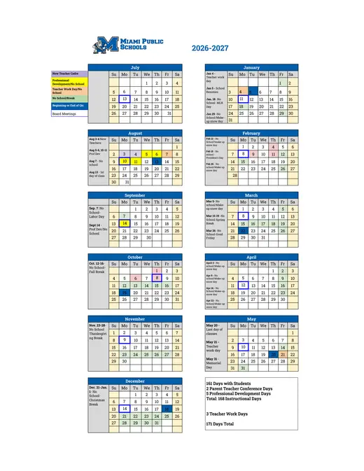 Miami Public Schools 2026–2027 Academic Calendar