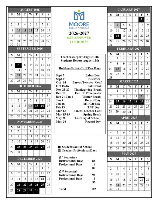 Moore Public Schools 2026–2027 Academic Calendar