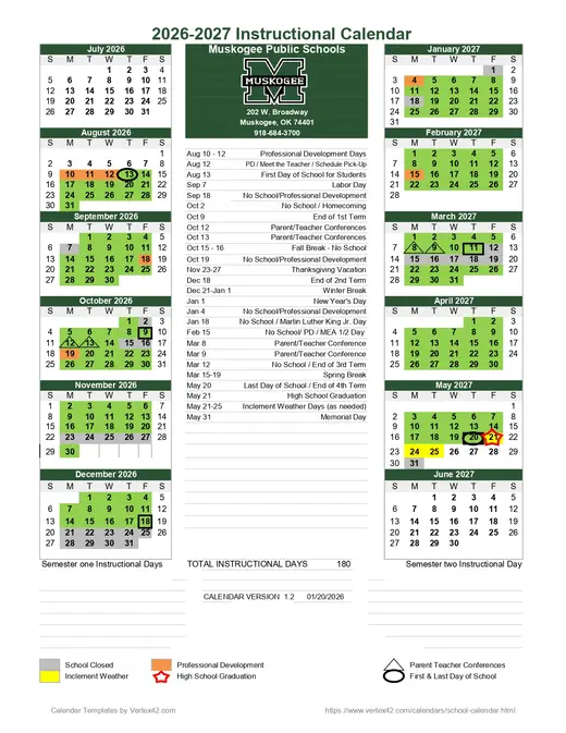 Muskogee Public Schools 2026–2027 Academic Calendar