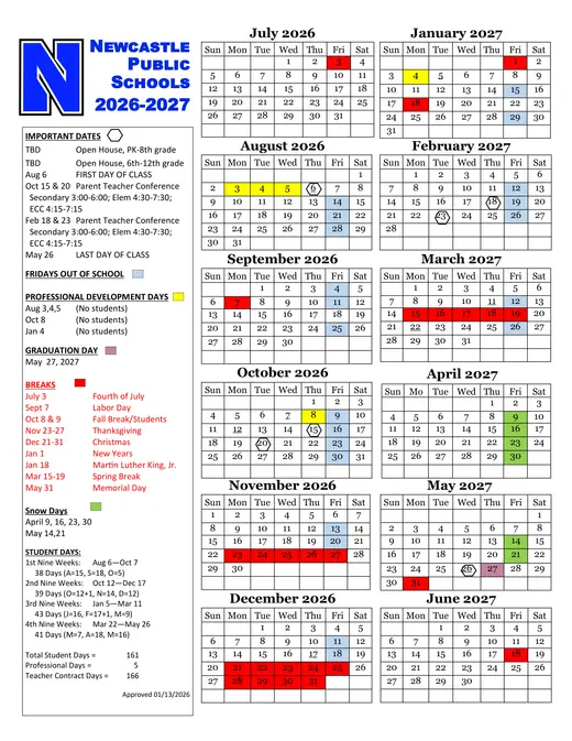 Newcastle Public Schools 2026–2027 Academic Calendar