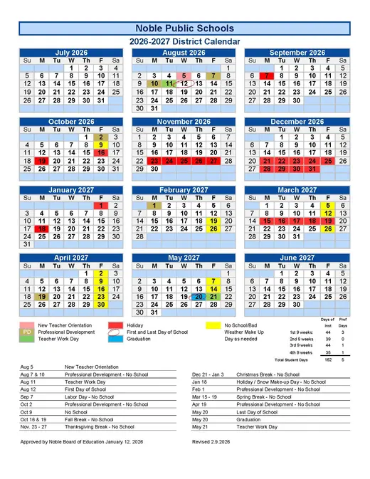 Noble Public Schools 2026–2027 Academic Calendar Page 1