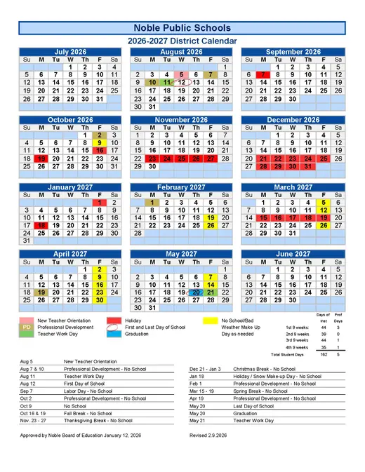 Noble Public Schools 2026–2027 Academic Calendar Page 2