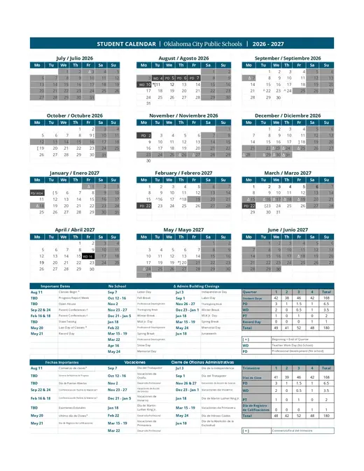 Oklahoma City Public Schools 2026–2027 Academic Calendar Page 2
