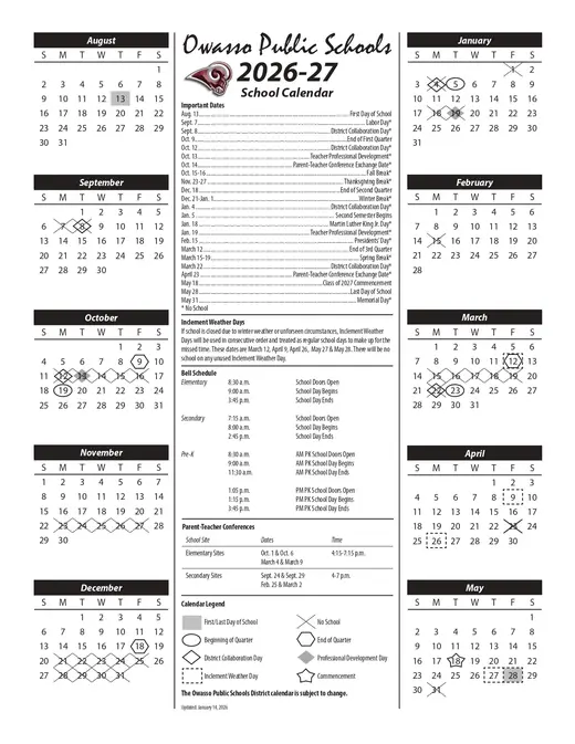 Owasso Public Schools 2026–2027 Academic Calendar