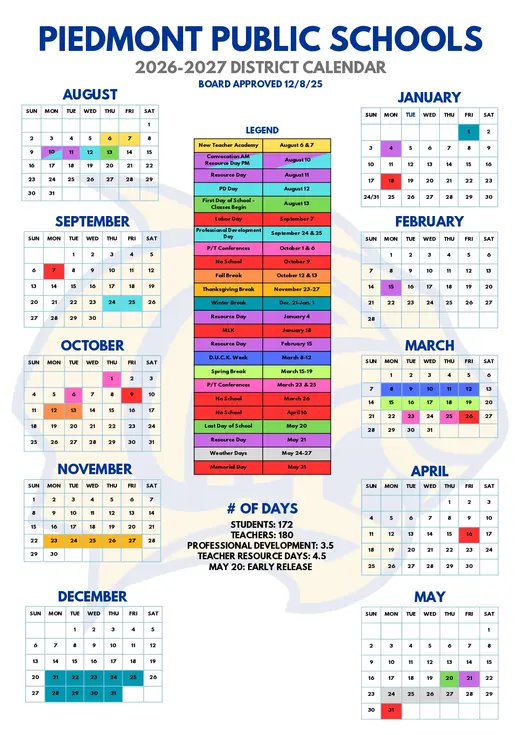 Piedmont Public Schools 2026–2027 Academic Calendar