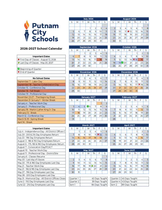 Putnam City Schools 2026–2027 Academic Calendar