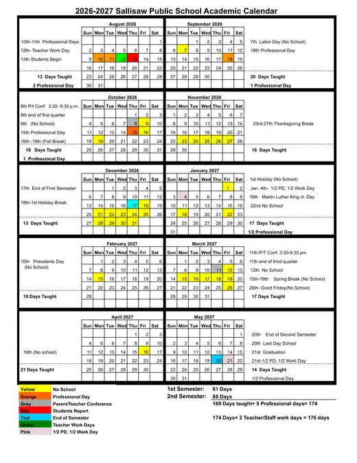 Sallisaw Public Schools 2026–2027 Academic Calendar Page 1
