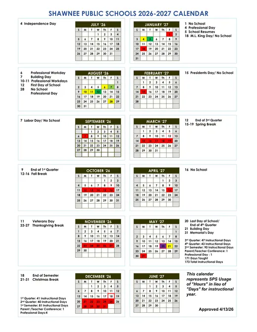 Shawnee Public Schools 2026–2027 Academic Calendar