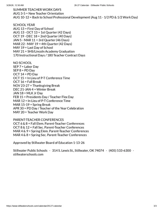 Stillwater Public Schools 2026–2027 Academic Calendar Page 1