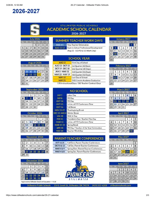 Stillwater Public Schools 2026–2027 Academic Calendar Page 3
