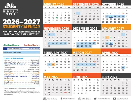 Tulsa Public Schools 2026–2027 Academic Calendar