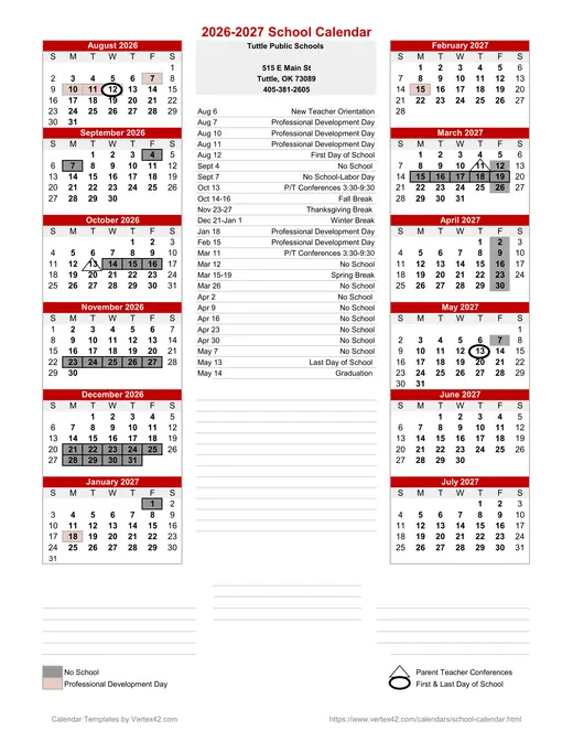 Tuttle Public Schools 2026–2027 Academic Calendar