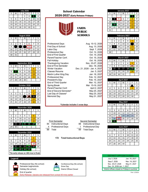 Union Public Schools 2026–2027 Academic Calendar Page 1