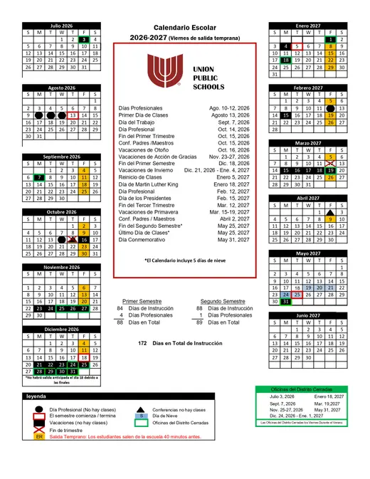 Union Public Schools 2026–2027 Academic Calendar Page 2