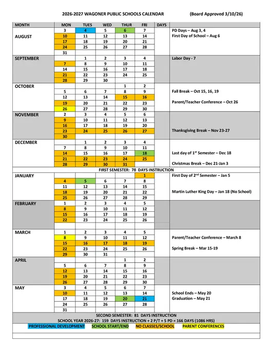 Wagoner Public Schools 2026–2027 Academic Calendar Page 1