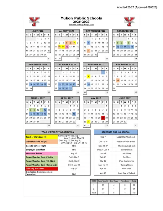 Yukon Public Schools 2026–2027 Academic Calendar