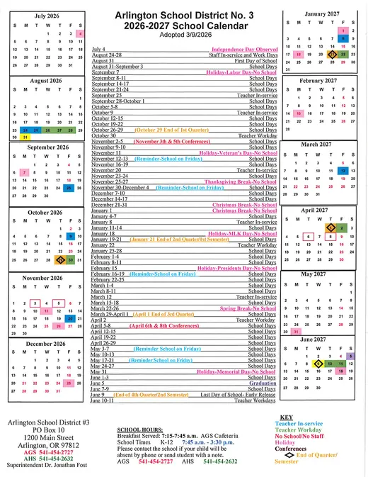 Arlington School District No. 3 2026–2027 Academic Calendar