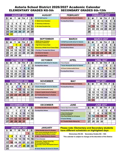 Astoria School District 2026–2027 Academic Calendar