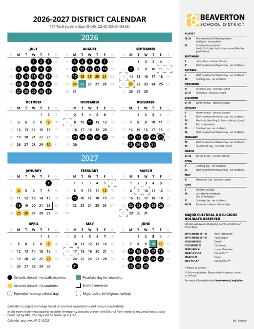 Beaverton School District 2026–2027 Academic Calendar