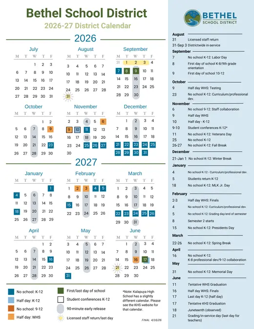 Bethel School District 2026–2027 Academic Calendar Page 1