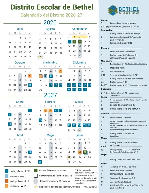 Bethel School District 2026–2027 Academic Calendar Page 2