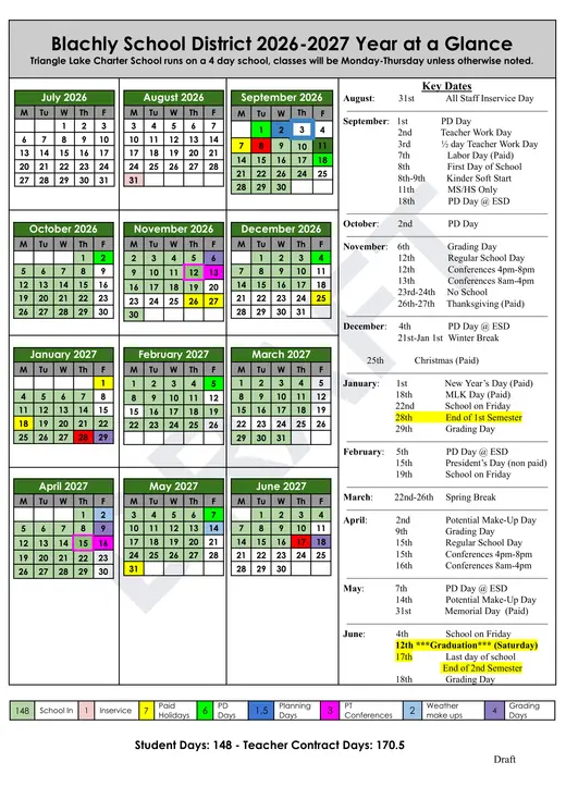 Blachly School District 2026–2027 Academic Calendar