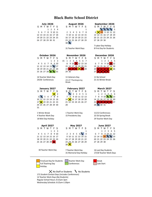 Black Butte School District 2026–2027 Academic Calendar