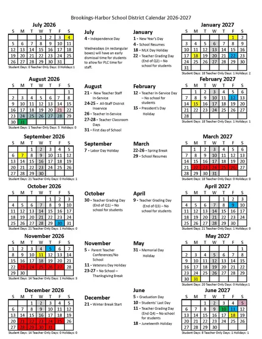 Brookings-Harbor School District 2026–2027 Academic Calendar Page 1