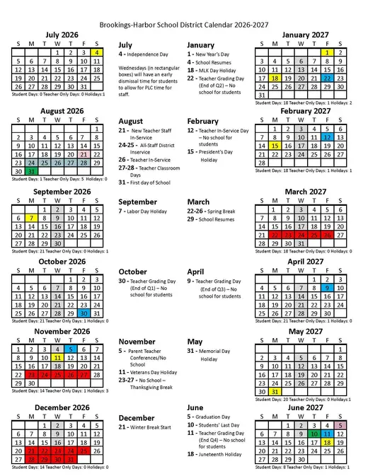 Brookings-Harbor School District 2026–2027 Academic Calendar Page 2