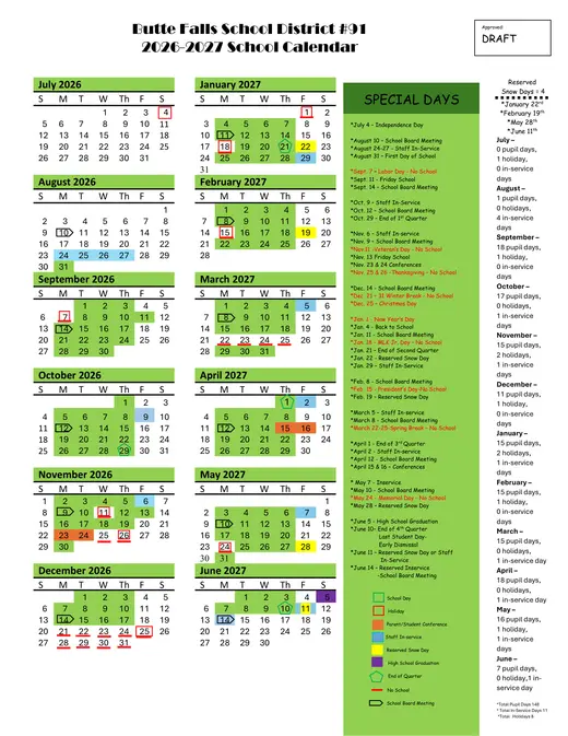 Butte Falls School District #91 2026–2027 Academic Calendar