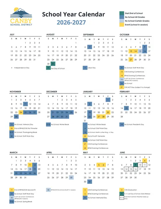 Canby School District 2026–2027 Academic Calendar Page 1