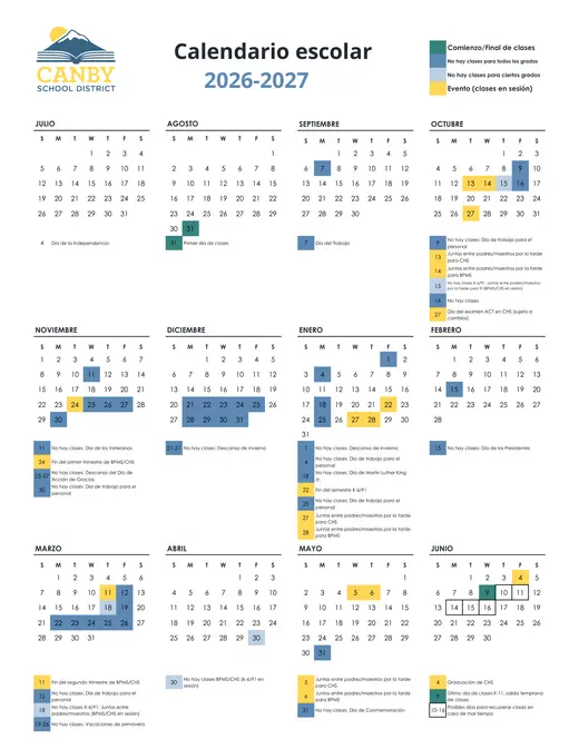 Canby School District 2026–2027 Academic Calendar Page 2