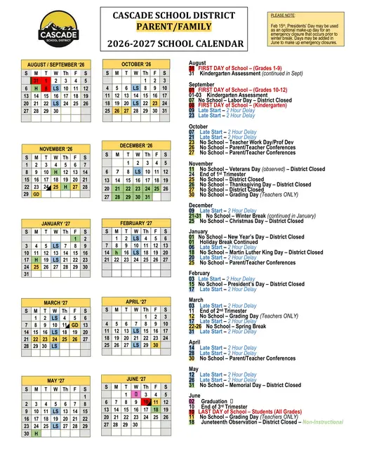 Cascade School District 2026–2027 Academic Calendar
