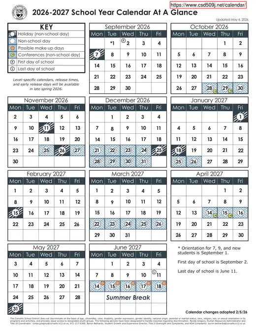 Corvallis School District 2026–2027 Academic Calendar