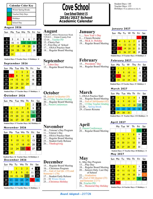 Cove School District 15 2026–2027 Academic Calendar
