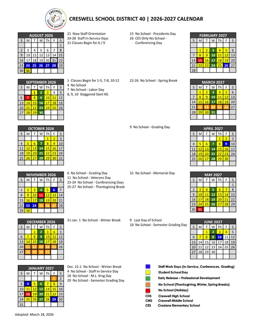Creswell School District 40 2026–2027 Academic Calendar