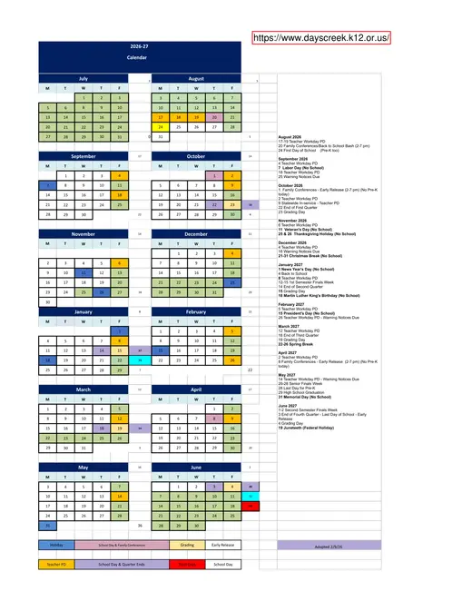 Days Creek School District 2026–2027 Academic Calendar
